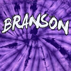Branson Vibrant Tie Dye Tee Shirt Purple White Lettering Short Sleeve Crew Neck